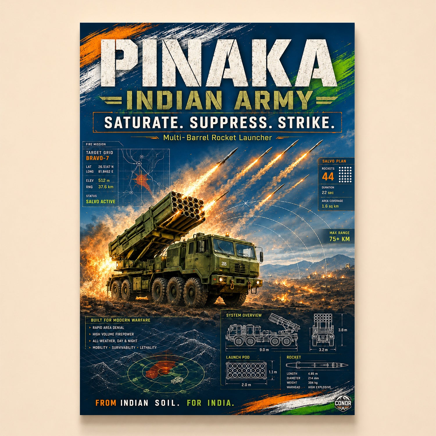 Pinaka launcher firing a full salvo against tricolor brushstrokes – Salvo Active