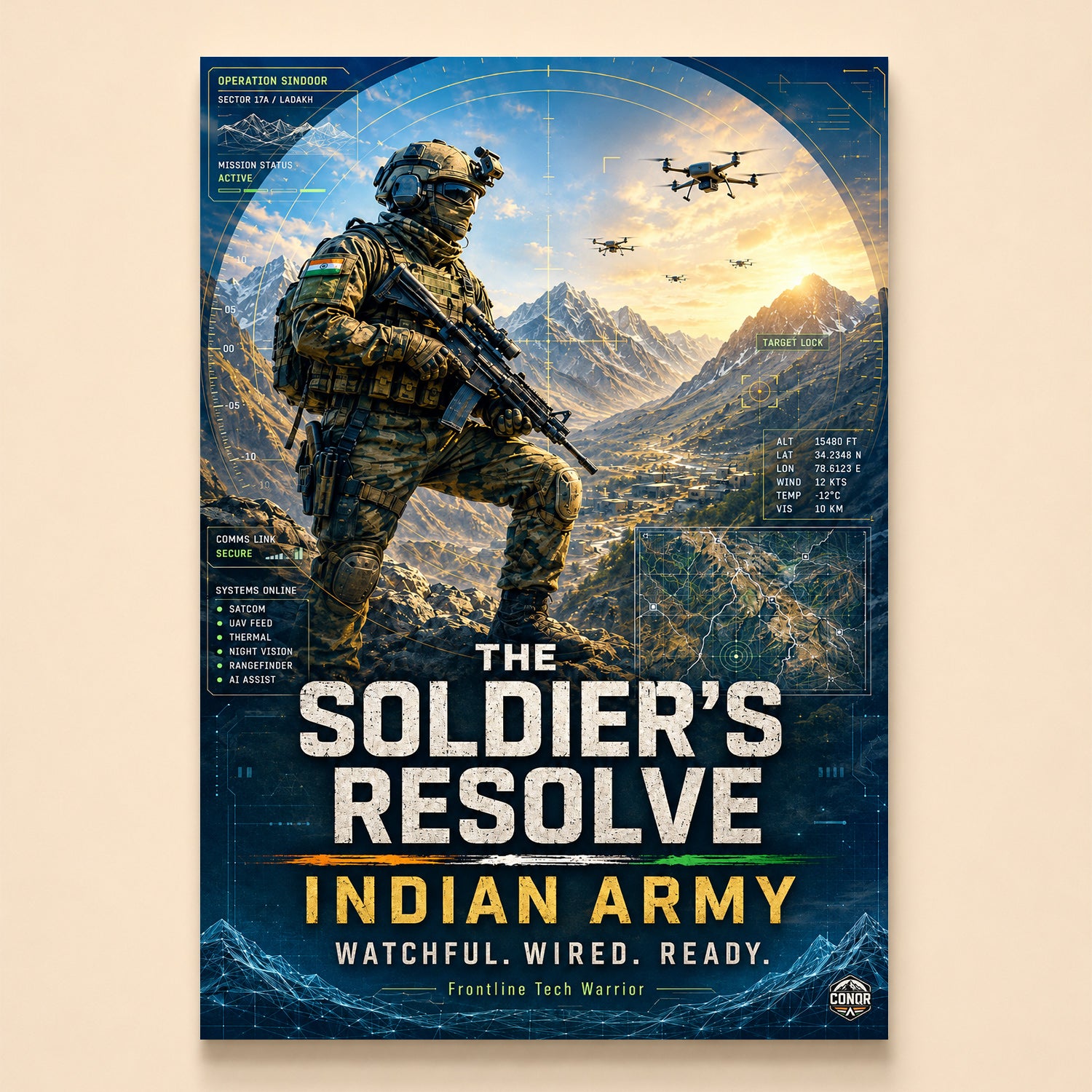 Soldier on a night ridge in Ladakh with gold HUD overlays and drones – Frontline Tech Warrior