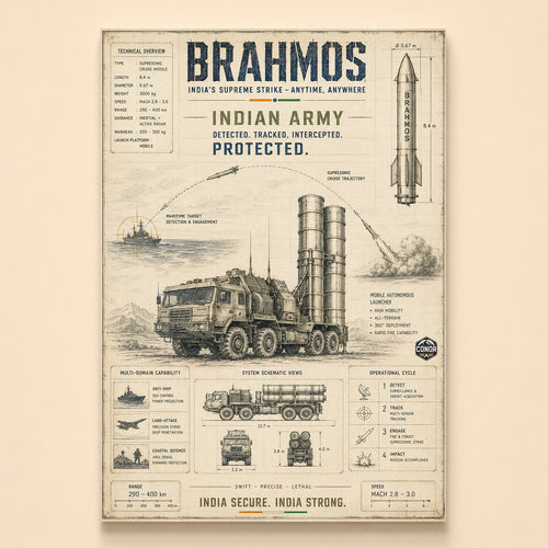 Vintage sketch of the BrahMos launcher truck with missile schematic and trajectory