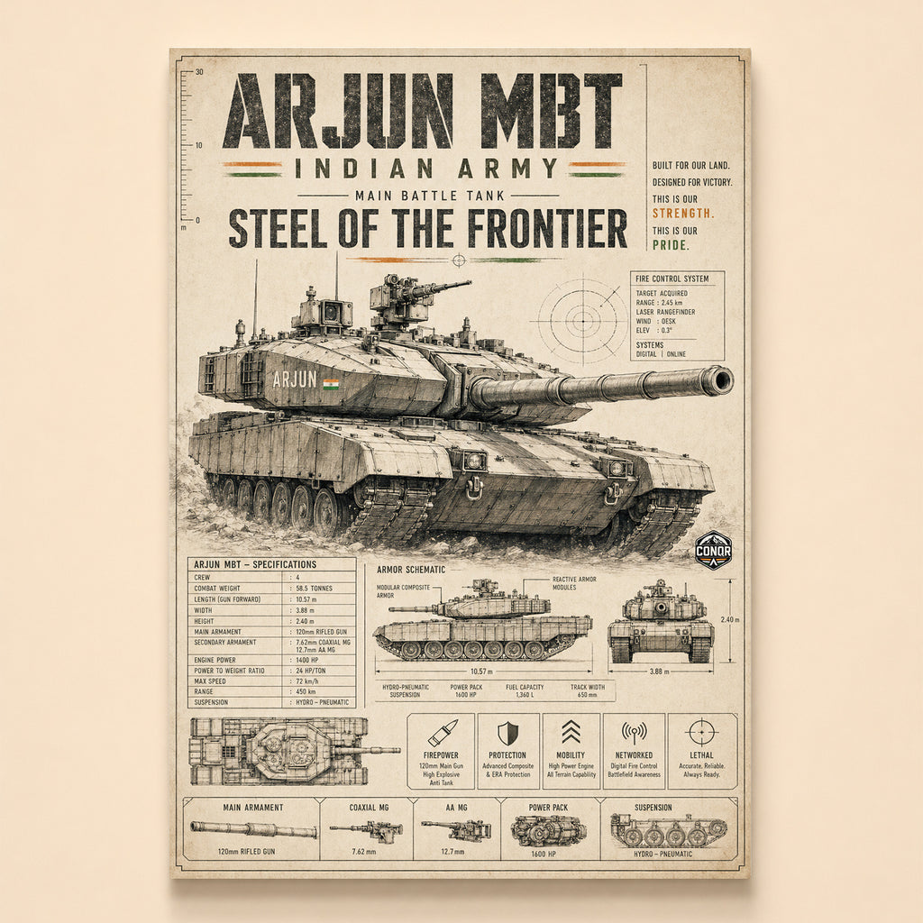 Charcoal study of the Arjun MBT in side, top and front views on cream
