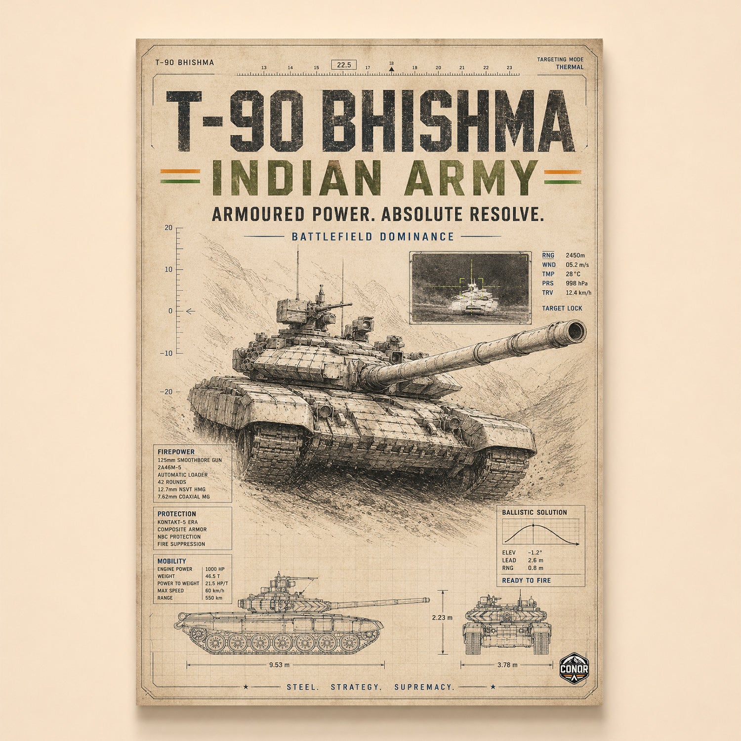 Pencil-sketched T-90 Bhishma tank over schematics on aged parchment