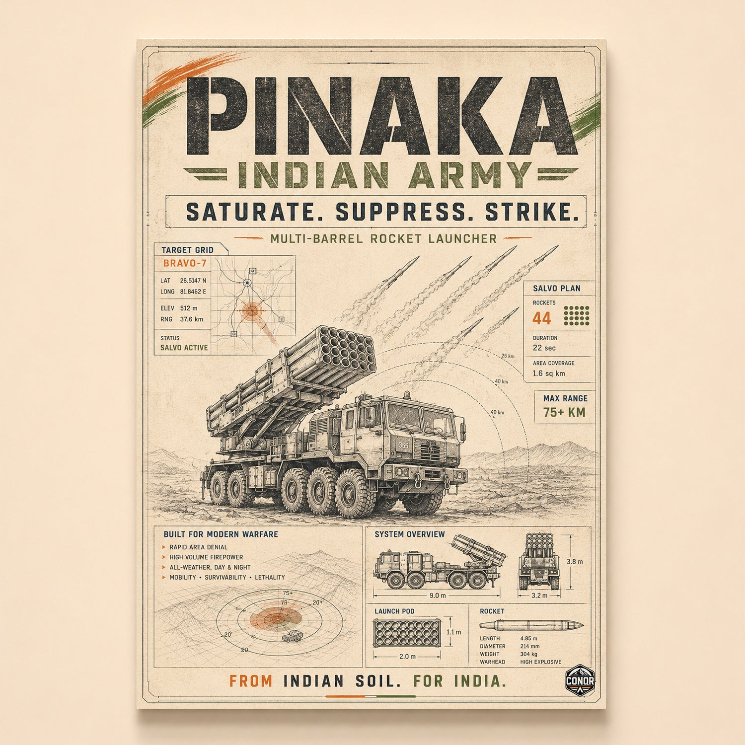 Vintage cream poster of the Pinaka firing with fire-mission data in classic type