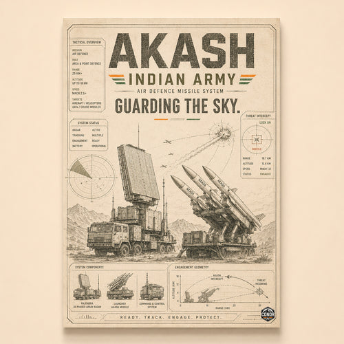 Vintage sepia study of the Akash air defence system with intercept diagram