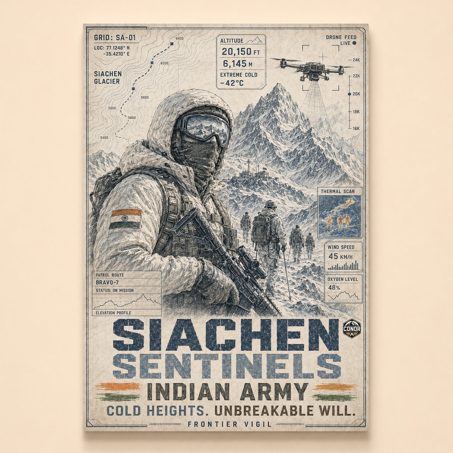 Pencil study of Siachen sentries with elevation profiles and thermal scan panels