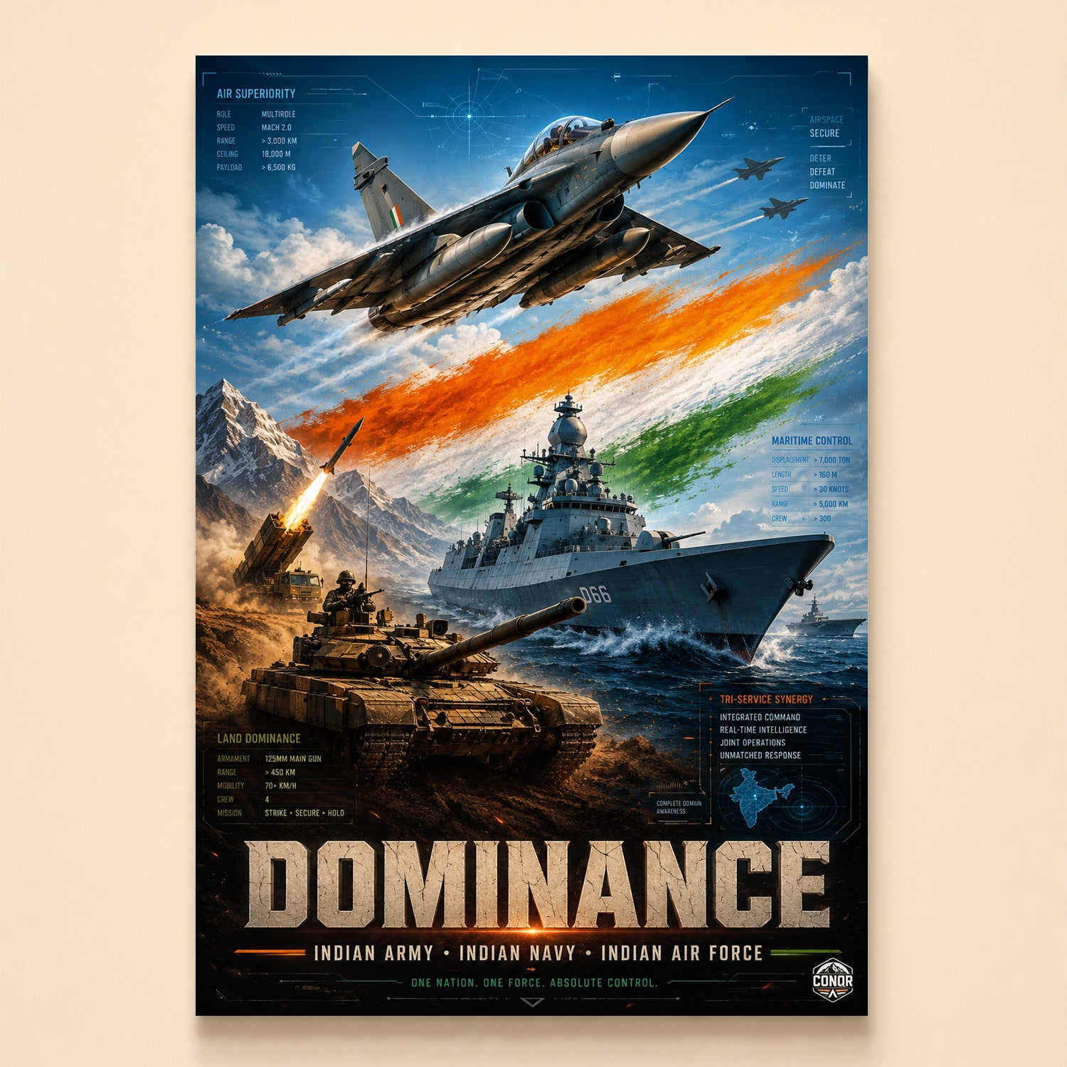 Warship 066, fighter, tank and rocket soldier under a tricolor smoke flag – Dominance