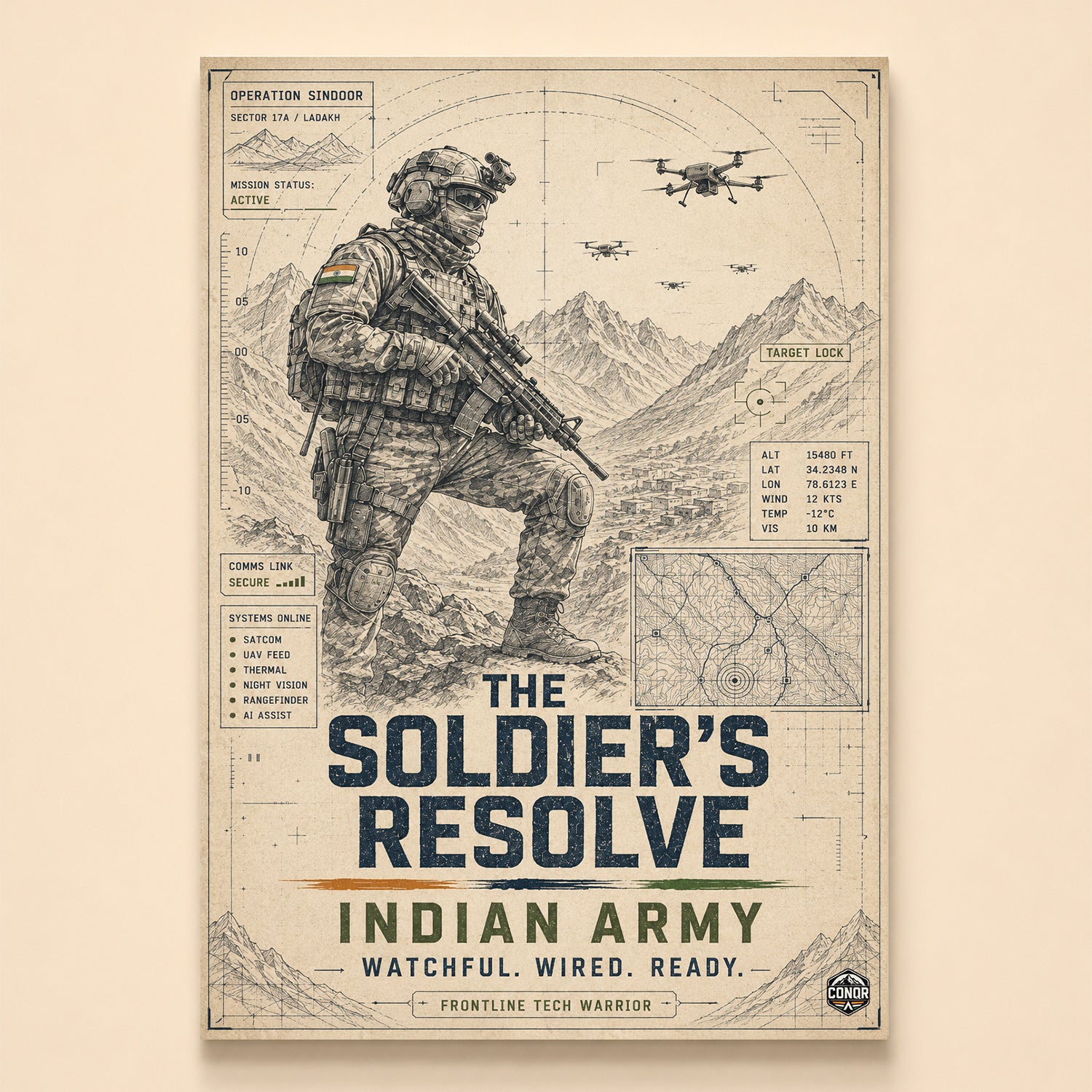 Sepia sketch of a soldier kneeling on a ridge with drones overhead – The Soldier's Resolve