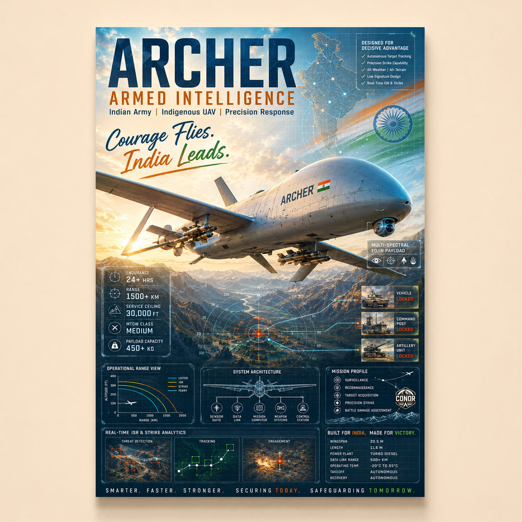 Archer UAV banking over golden mountains with targeting overlays and specifications