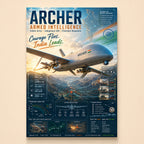 Archer UAV banking over golden mountains with targeting overlays and specifications