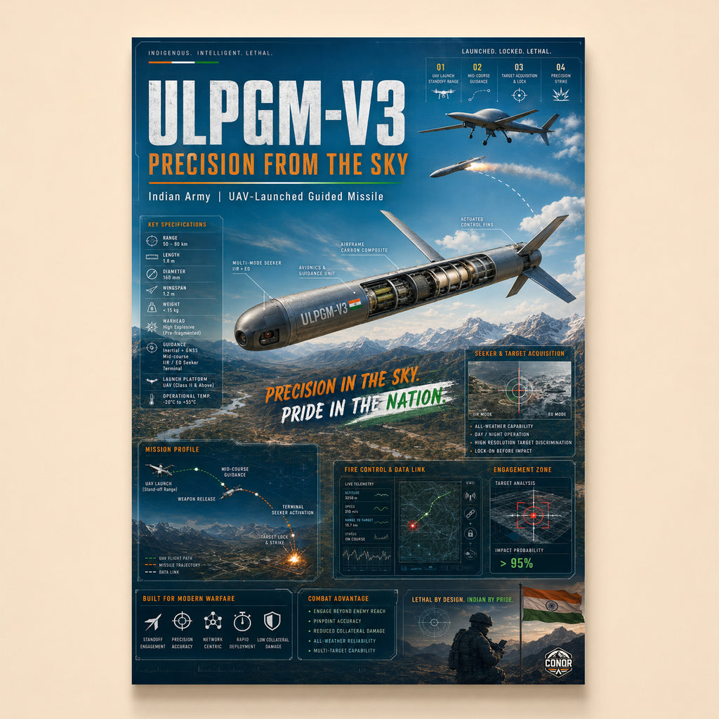 Cutaway of the ULPGM-V3 UAV-launched missile over the mountains with spec panels