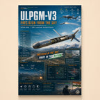 Cutaway of the ULPGM-V3 UAV-launched missile over the mountains with spec panels