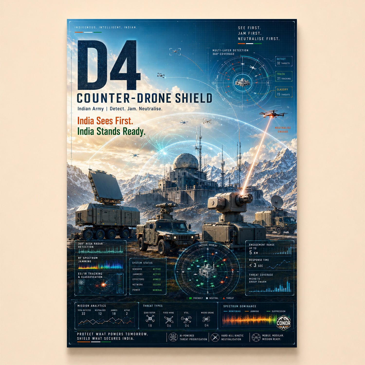Counter-drone radar trucks and laser effector downing a swarm in the snow – D4 Shield