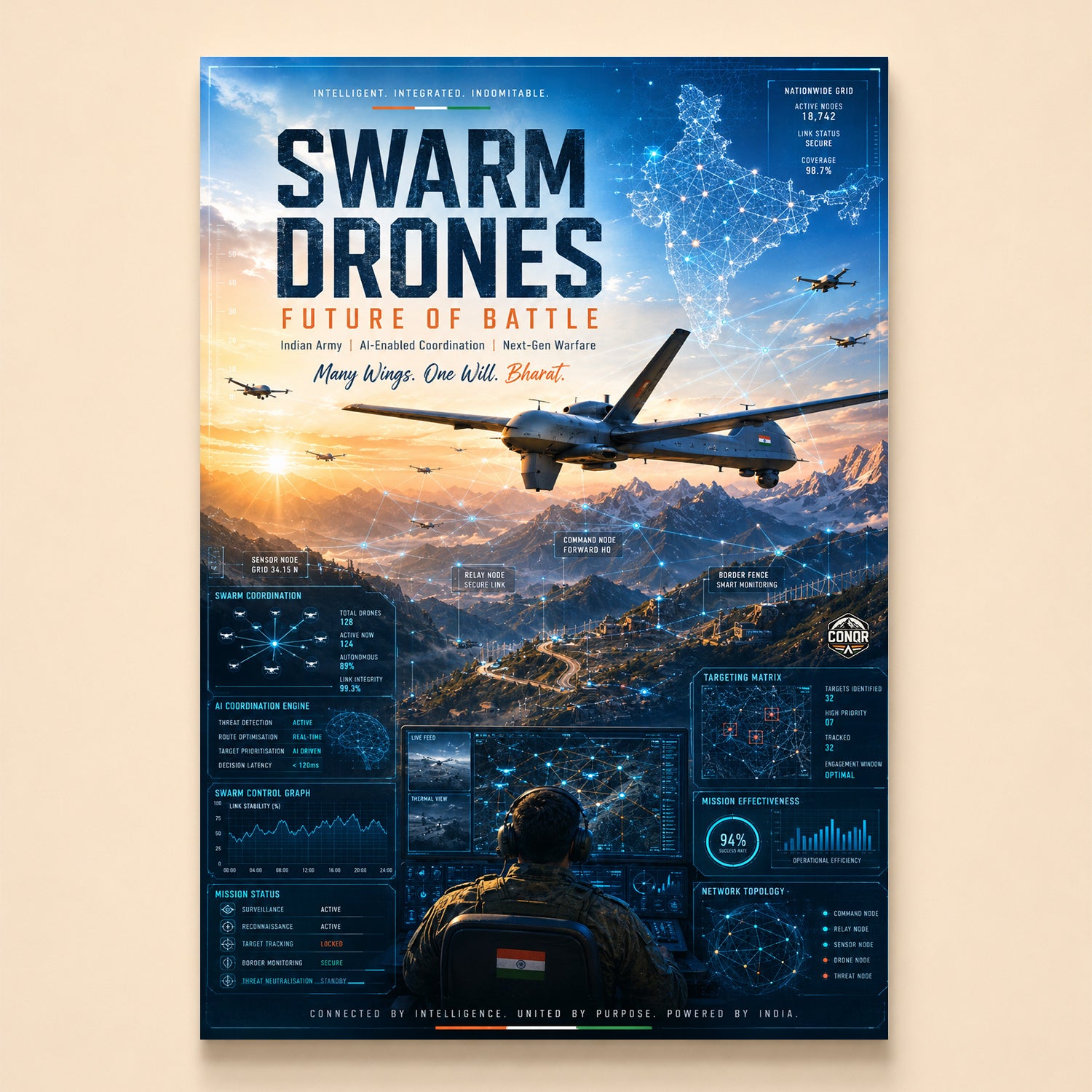 Drone swarm in formation over a sunset frontier with AI coordination displays – Swarm Drones