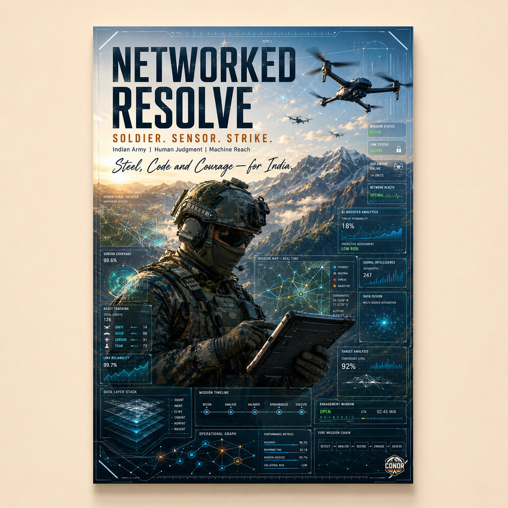 Soldier reading a tablet under drone cover with asset-tracking HUD – Networked Resolve