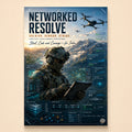 Soldier reading a tablet under drone cover with asset-tracking HUD – Networked Resolve