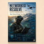 Soldier reading a tablet under drone cover with asset-tracking HUD – Networked Resolve