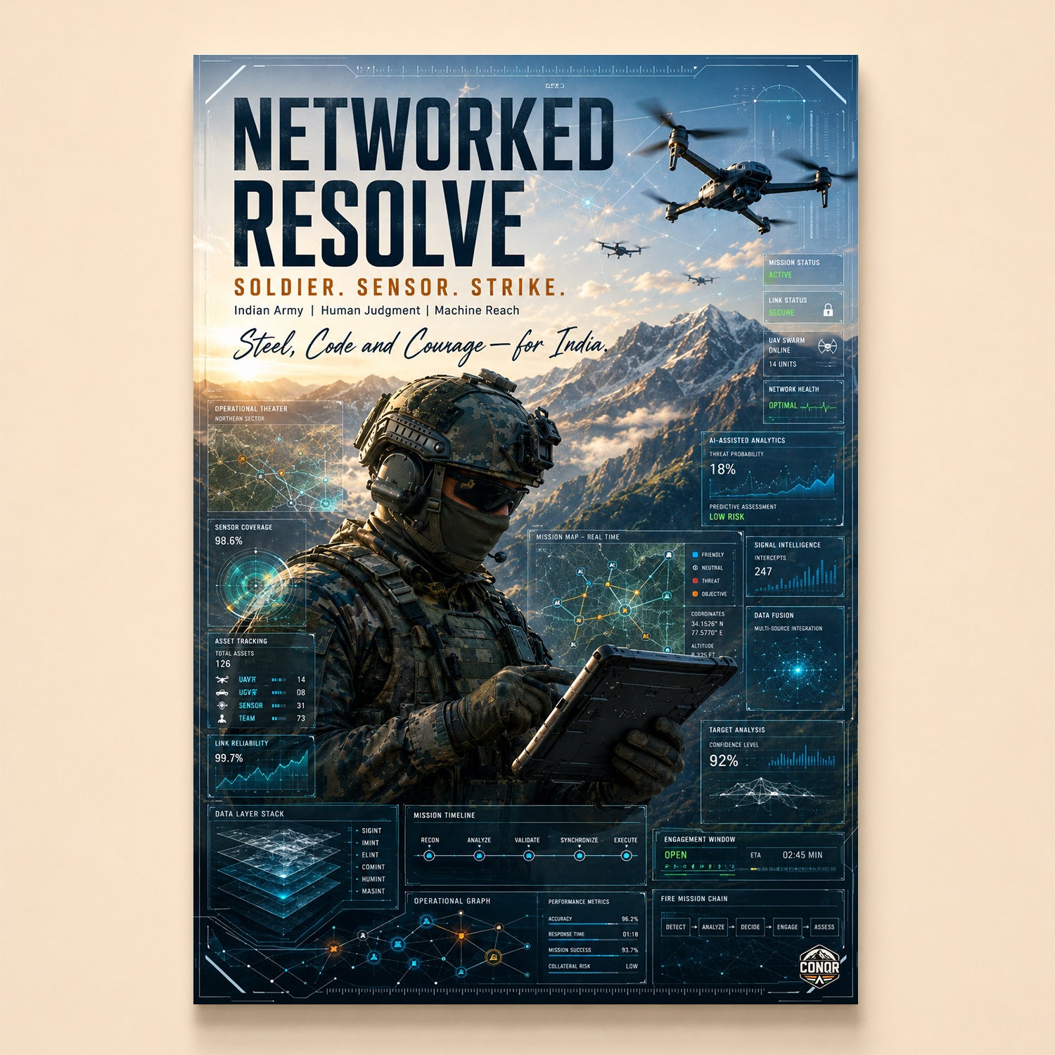 Soldier reading a tablet under drone cover with asset-tracking HUD – Networked Resolve