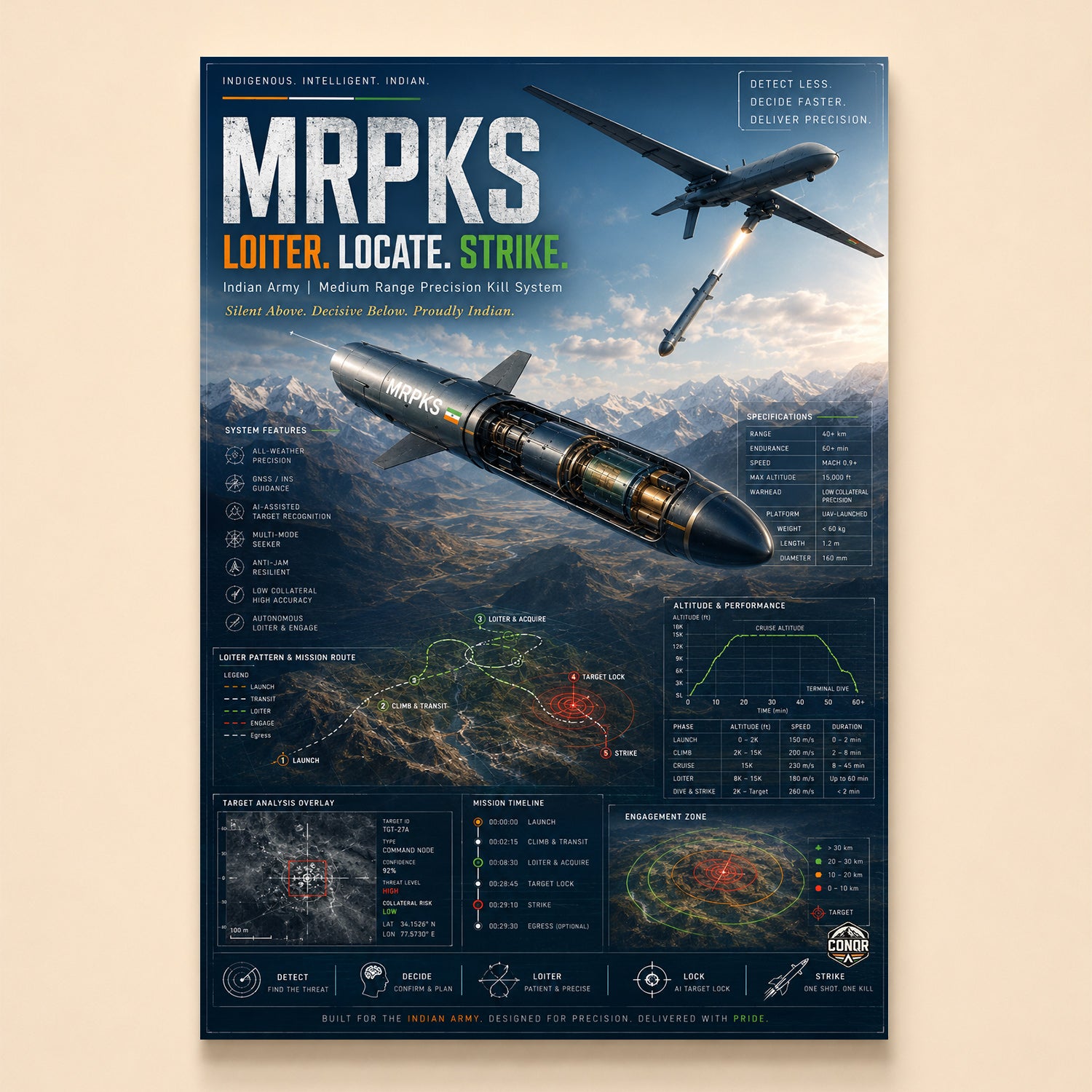 MRPKS precision missile launching from a UAV with cutaway diagram and specs