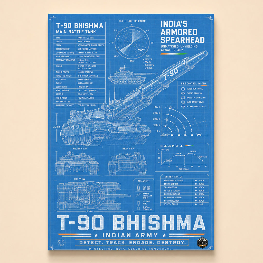 Blueprint of the T-90 Bhishma main battle tank in four technical views