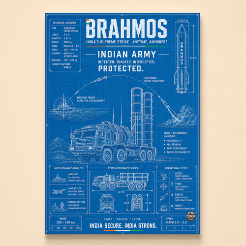 Blueprint of the BrahMos cruise missile with launcher vehicle and trajectory schematic