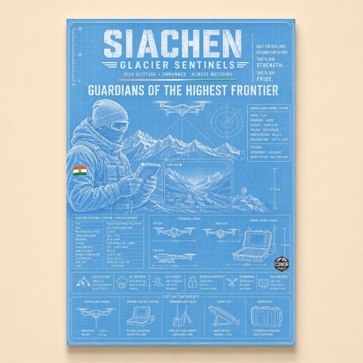Soldier guiding a surveillance drone over the glacier with blueprint spec panels – Glacier Sentinels