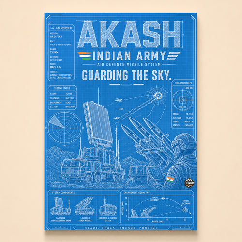 Blueprint-style Akash air defence battery firing with radar and intercept plot