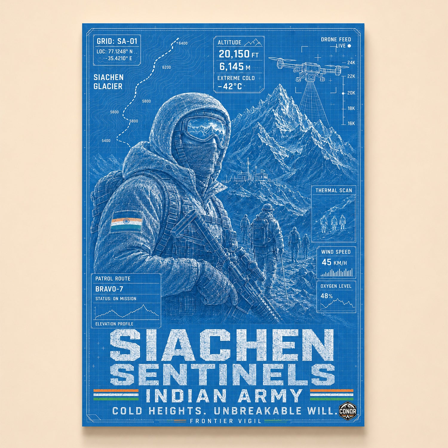 Cold-weather soldier fronting a glacial ridge with patrol and drone – Siachen Sentinels