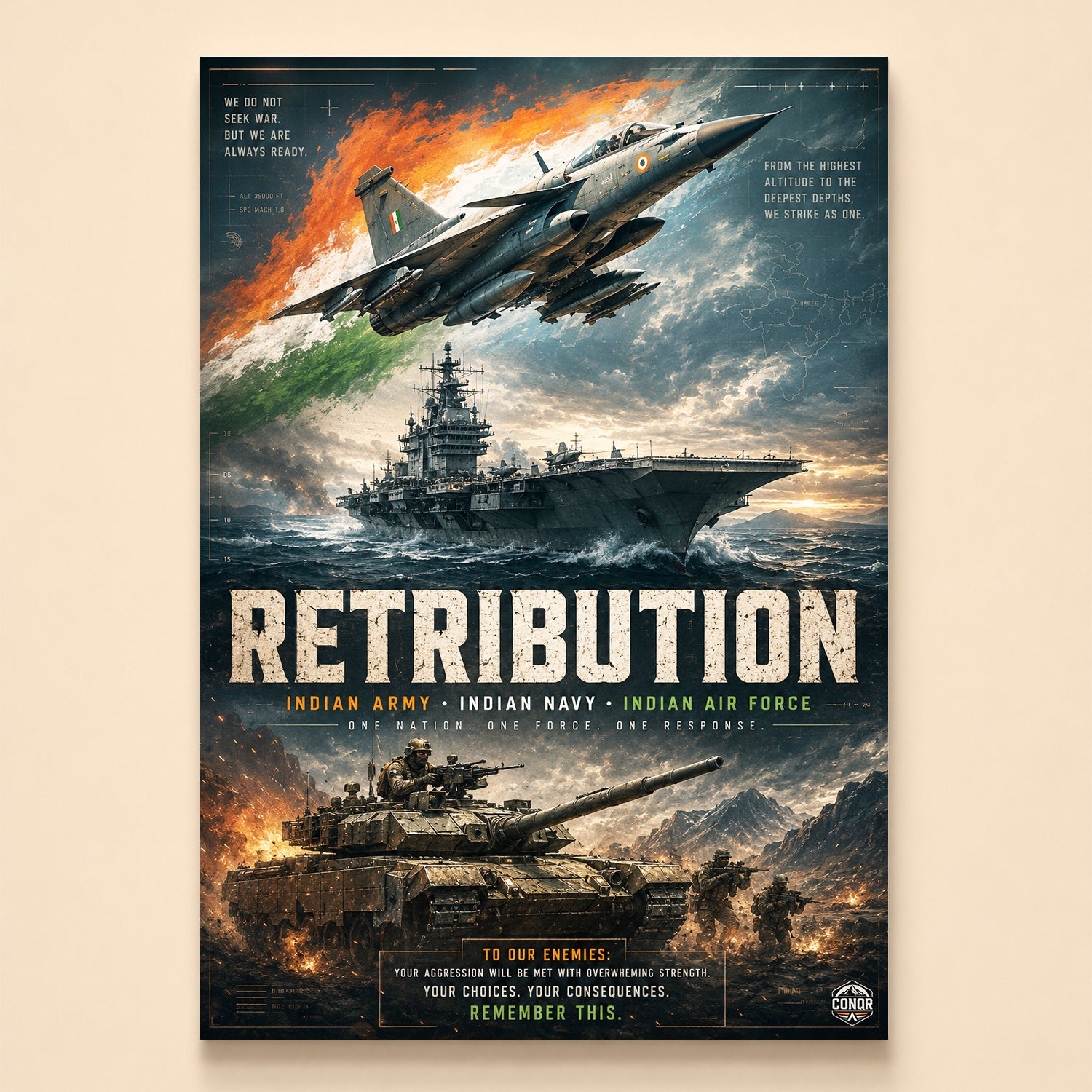 Jet, carrier and tanks rising from fire – Retribution, one nation one response
