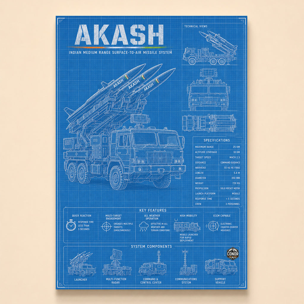 Blueprint technical views of the Akash launcher truck with specification block