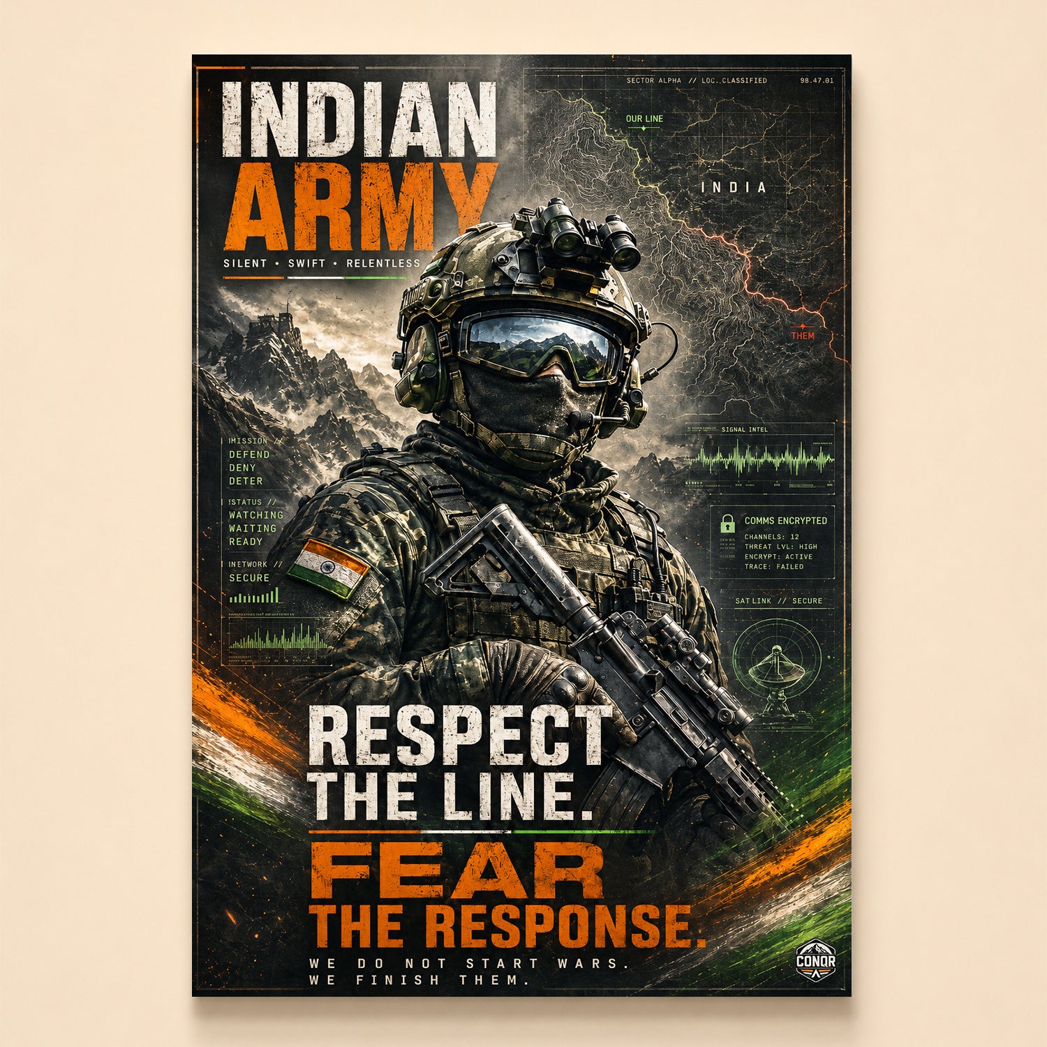 Soldier facing the frontier beside an our-line-versus-them map – Respect the Line, Fear the Response