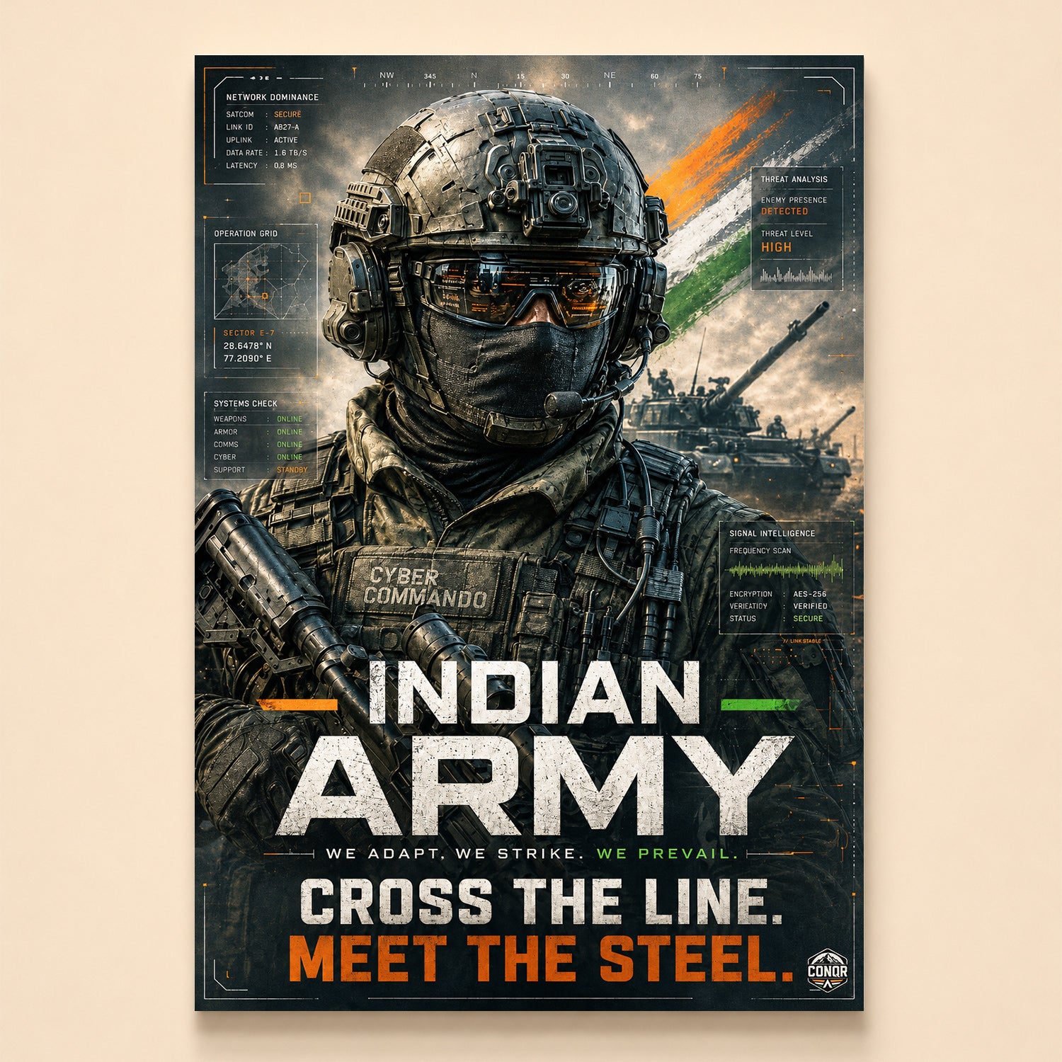 Cyber commando in heavy armour before a tank and sweeping tricolor – Meet the Steel