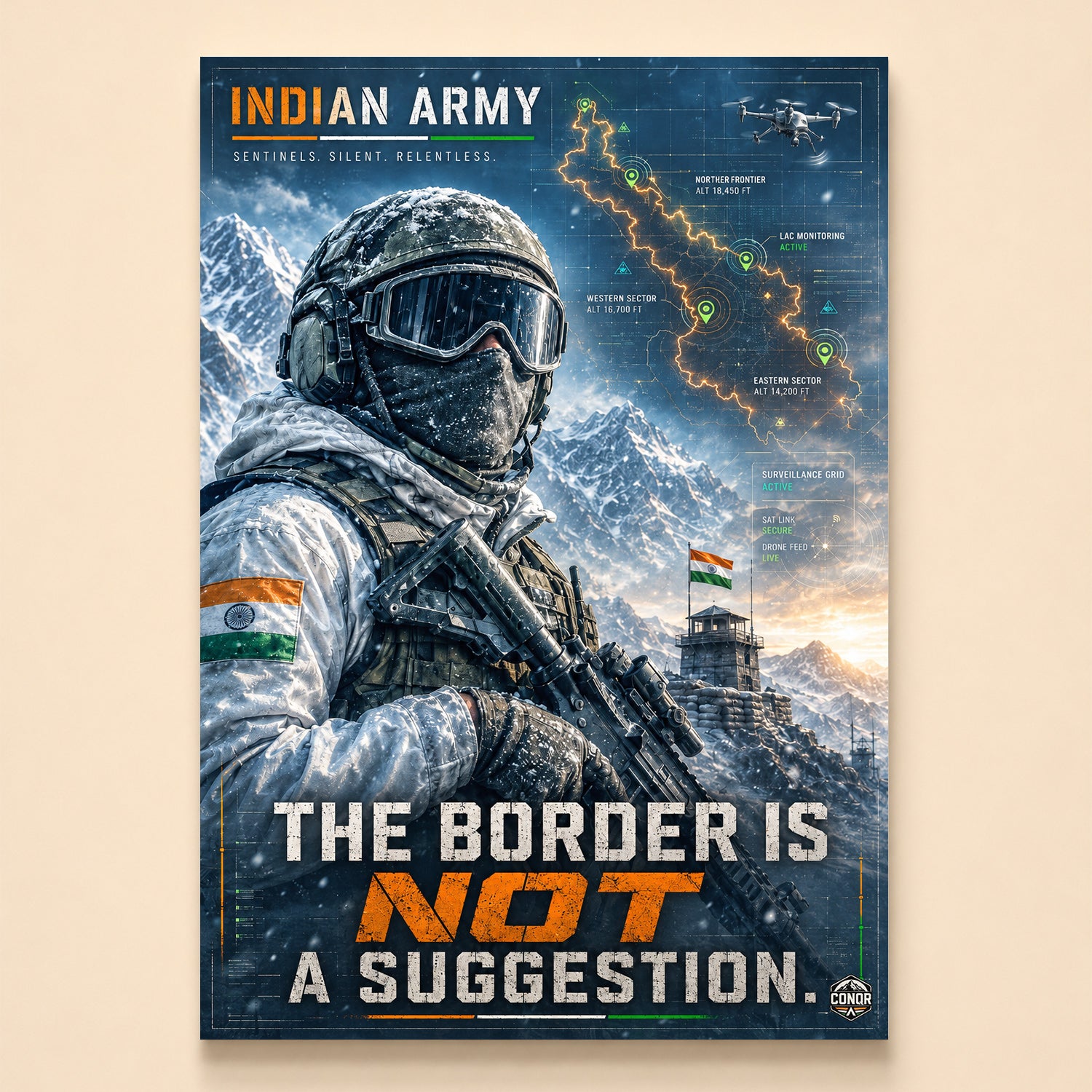 Winter-camouflage soldier over a tricolor outpost with a glowing surveillance map – The Border Is Not a Suggestion