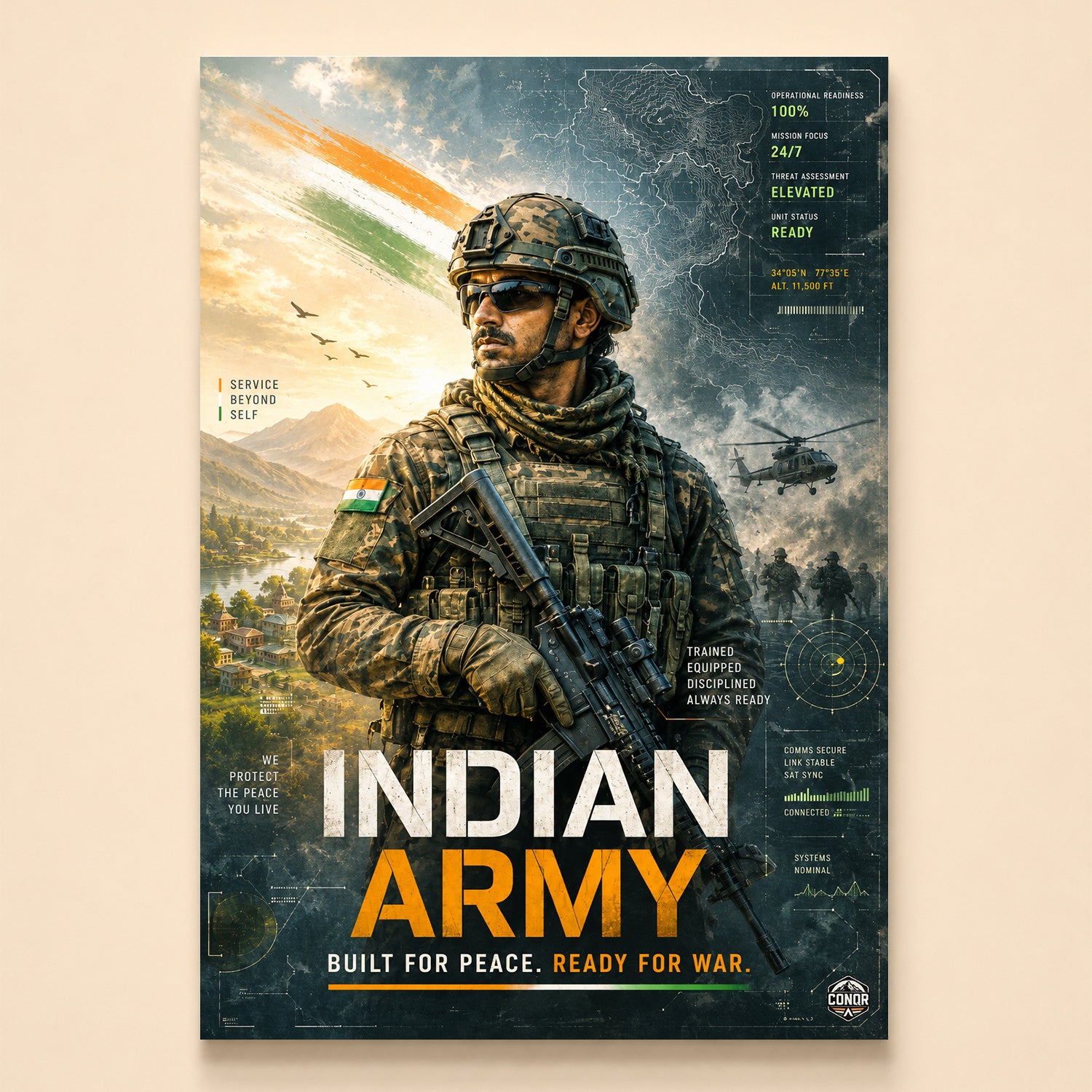 Combat-ready soldier backed by helicopters and troops – Built for Peace, Ready for War
