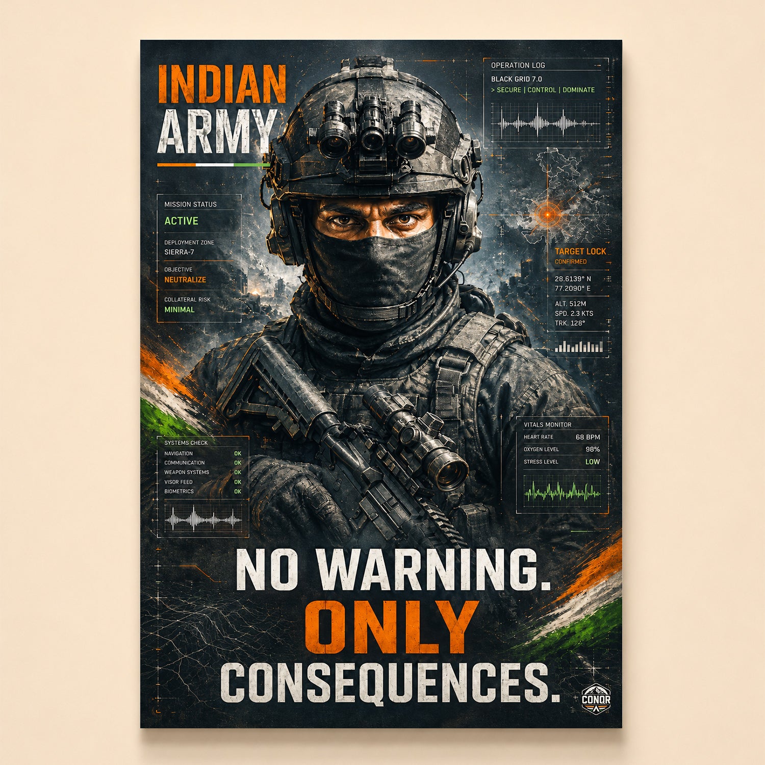 Masked operator with rifle wrapped in a glowing mission feed – No Warning, Only Consequences