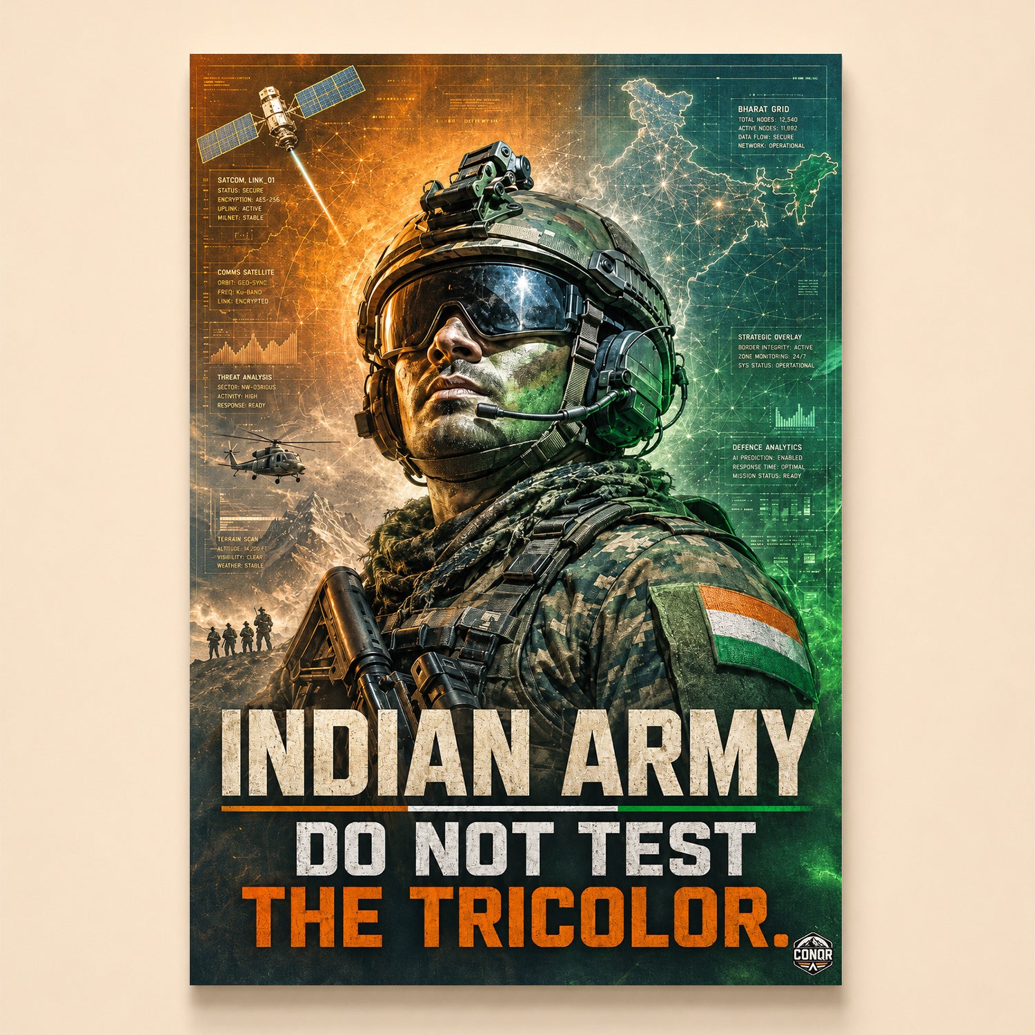 Soldier with Indian flag patch in a saffron-green gradient with satellite HUD panels – Do Not Test the Tricolor