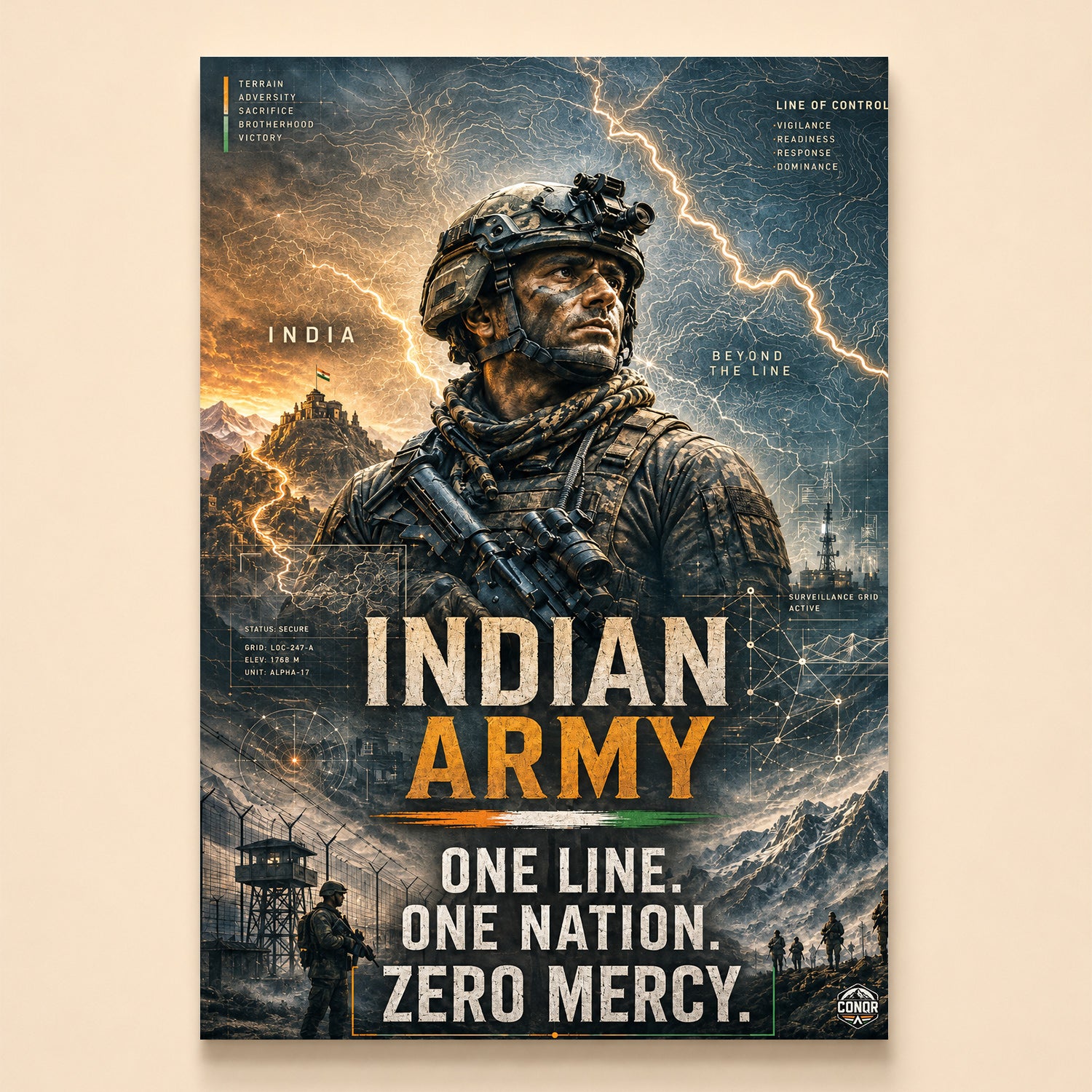 Soldier looking up into golden lightning above a border post – One Line. One Nation. Zero Mercy.