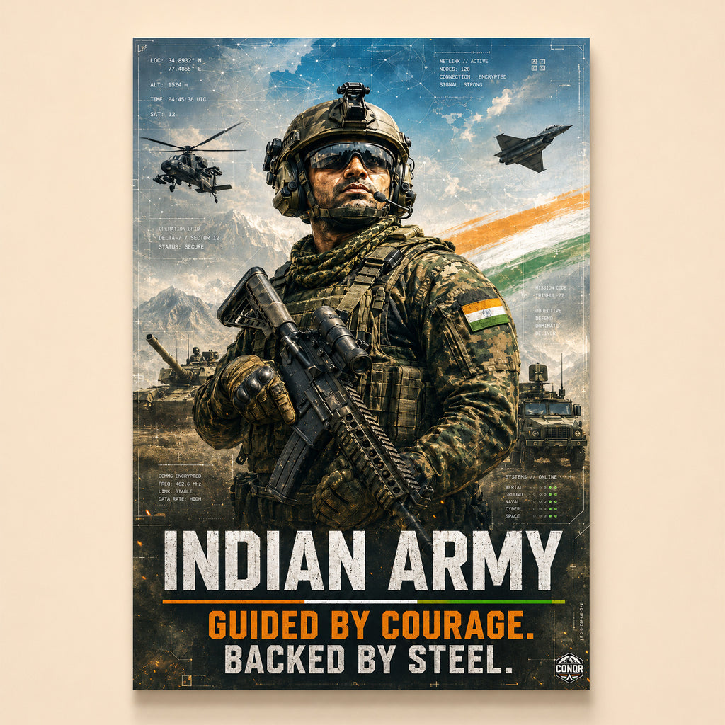 Soldier before mountains with tanks, helicopters and a fighter – Defender of Bharat