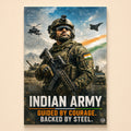 Soldier before mountains with tanks, helicopters and a fighter – Defender of Bharat