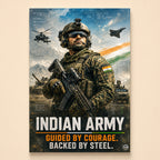 Soldier before mountains with tanks, helicopters and a fighter – Defender of Bharat