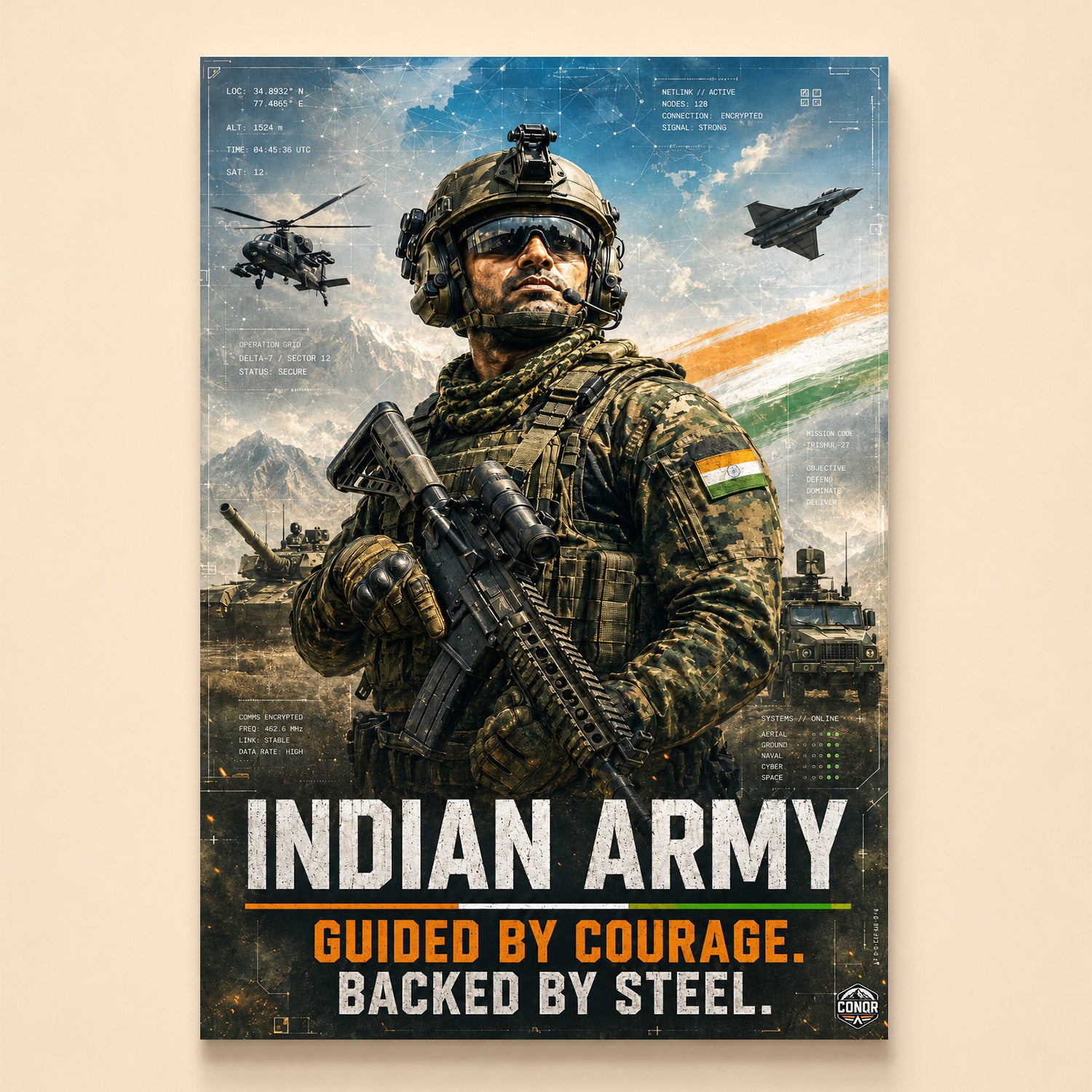 Soldier before mountains with tanks, helicopters and a fighter – Defender of Bharat
