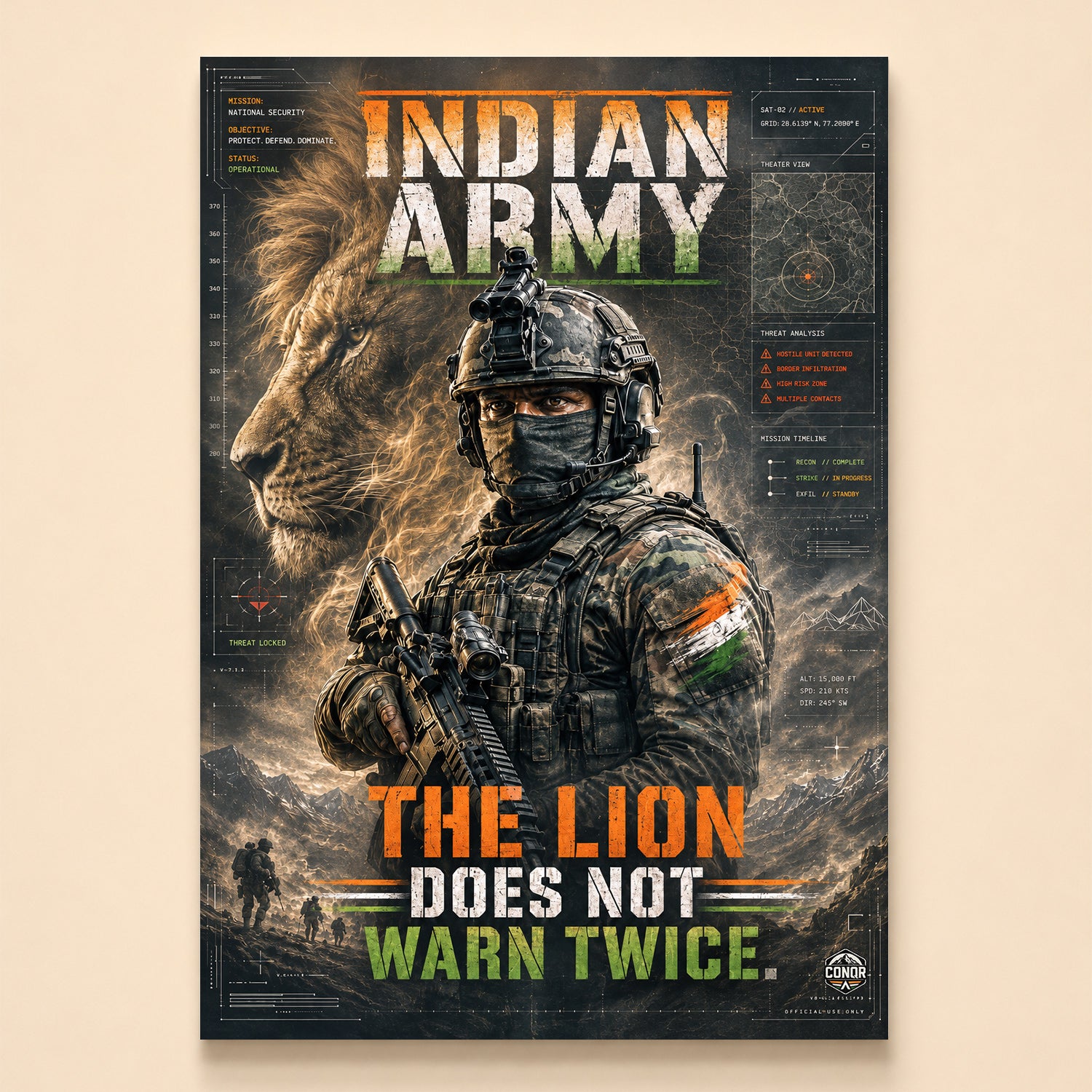 Armoured soldier with rifle and a lion ghosted behind him over misty ridgelines – The Lion Does Not Warn Twice