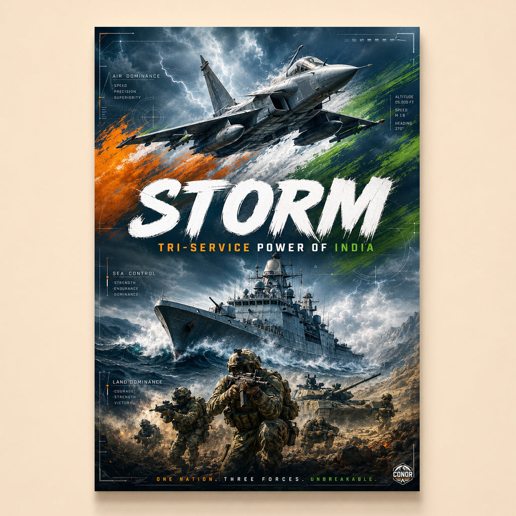 Fighter, warship and advancing armour in storm light with tricolor strokes – Storm