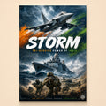 Fighter, warship and advancing armour in storm light with tricolor strokes – Storm
