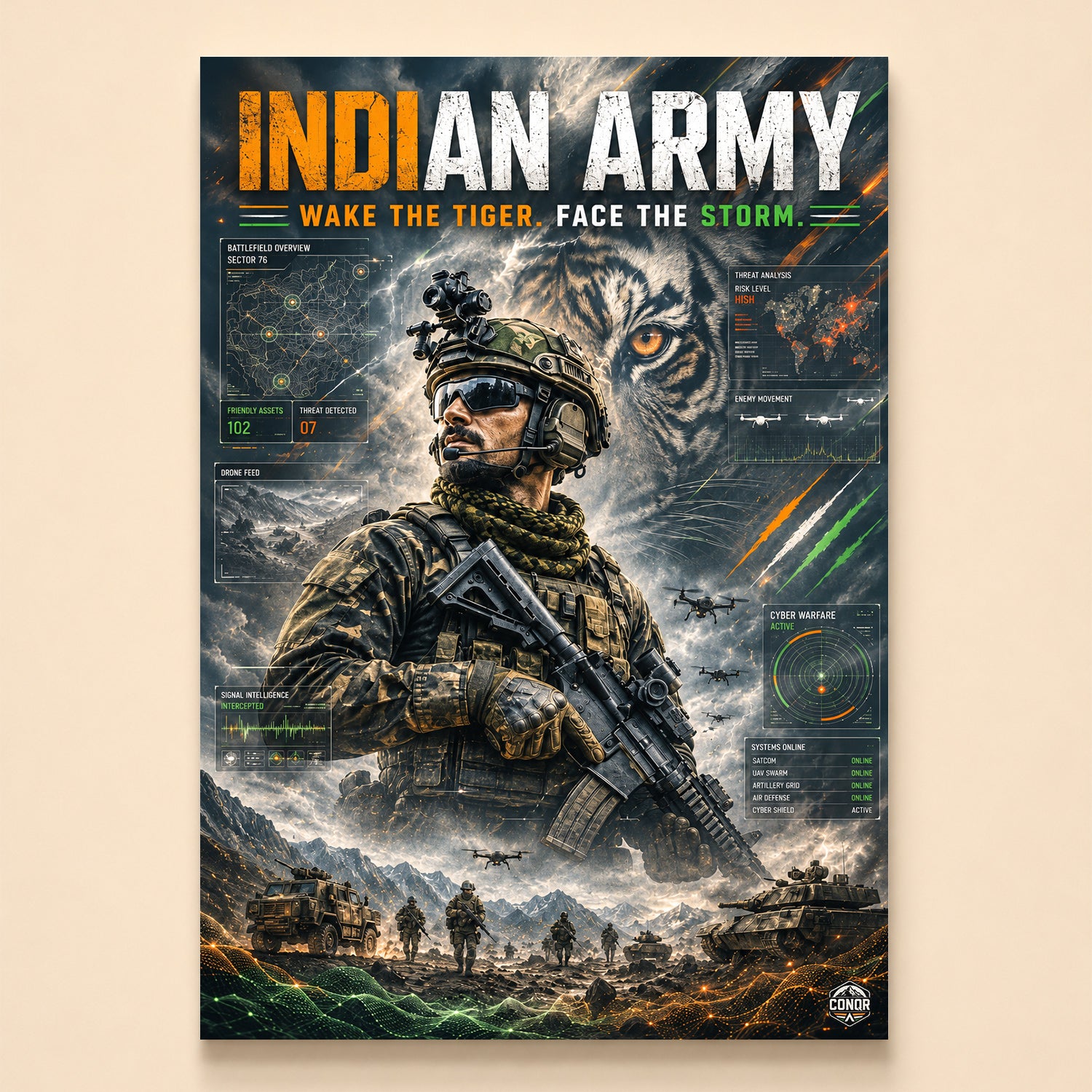 Soldier in full tactical gear before drones, armour and a looming tiger – Wake the Tiger, Face the Storm