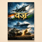 Fighter, carrier and armour in storm light under Vajra in gold Devanagari