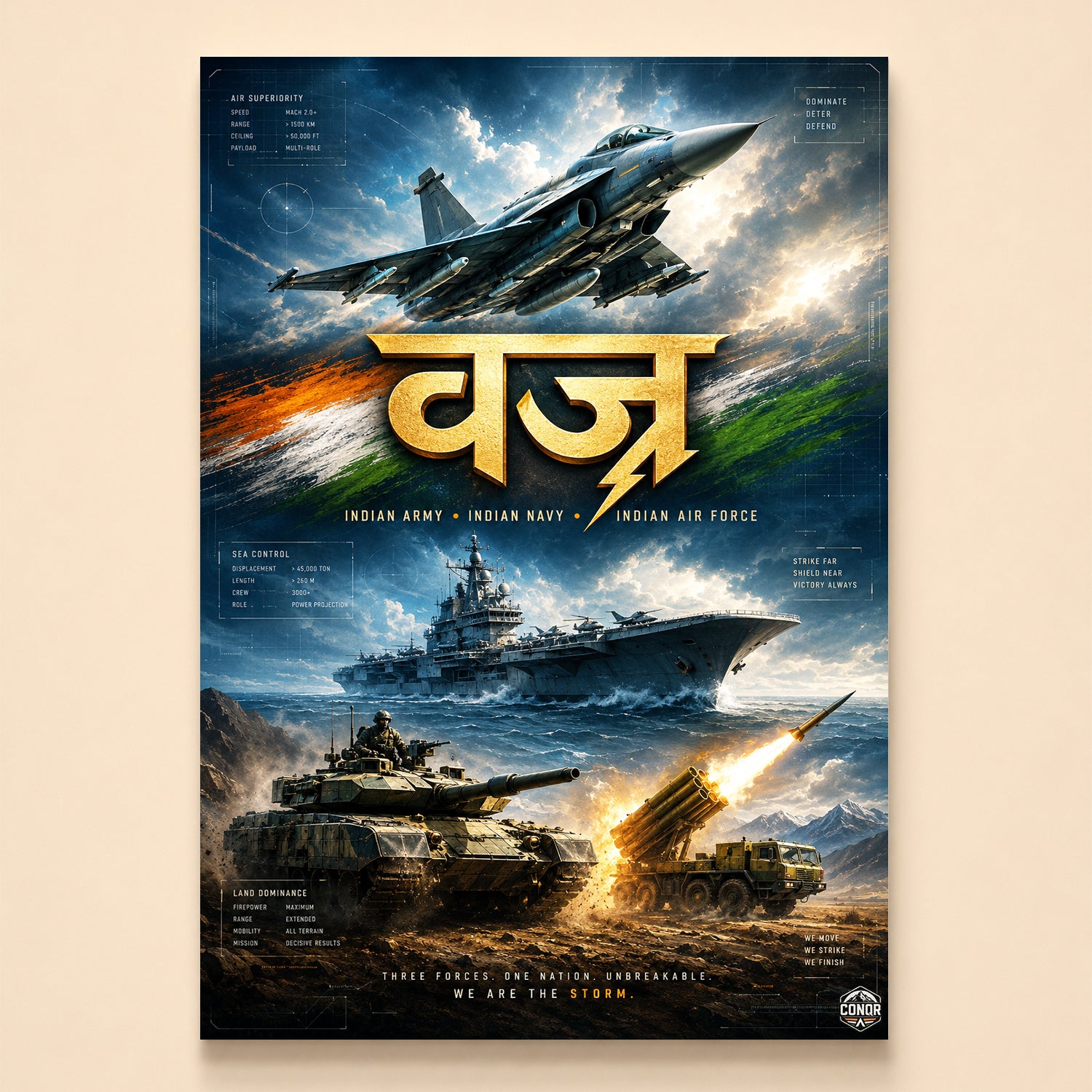 Fighter, carrier and armour in storm light under Vajra in gold Devanagari