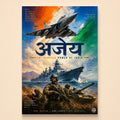 Painterly tricolor tri-service scene with warship D67 under Ajeya in Devanagari