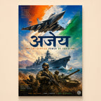 Painterly tricolor tri-service scene with warship D67 under Ajeya in Devanagari