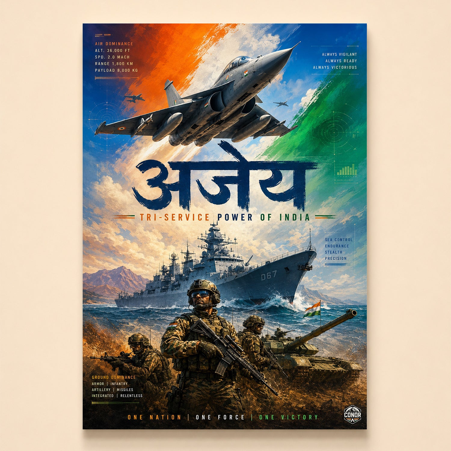 Painterly tricolor tri-service scene with warship D67 under Ajeya in Devanagari