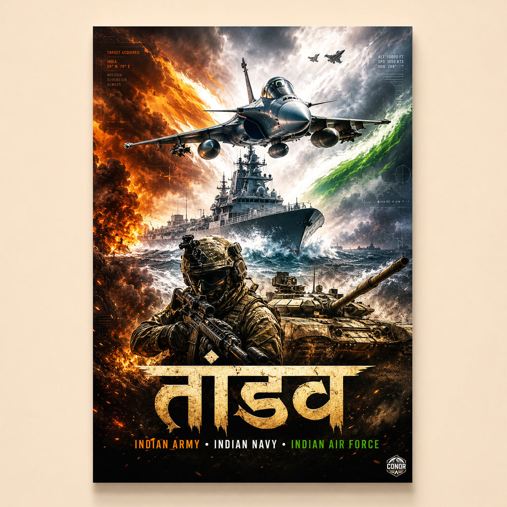 Soldier, warship and jet across a fire-to-green tricolor under Tandav in Devanagari