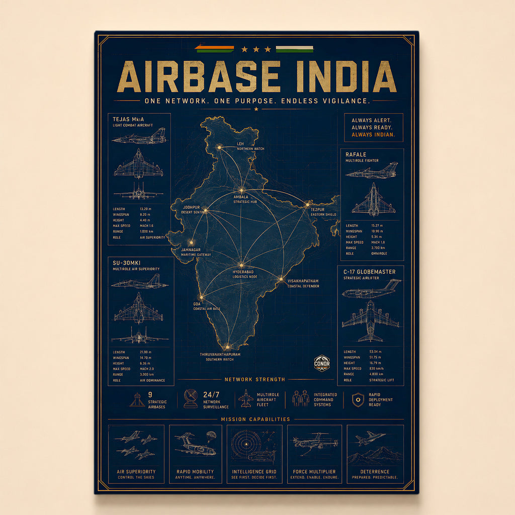 Gold map of India with connected airbase nodes and fighter blueprints – Airbase India